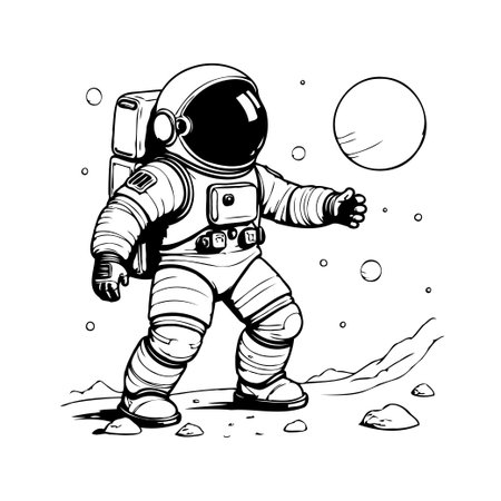 An astronaut stands confidently on the moon's surface, illustrated in a cartoon style. The monochrome drawing depicts a solitary figure exploring the vast unknown, emphasizing the courage andのイラスト素材