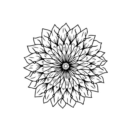 Monochromatic floral illustration exhibiting a detailed petal arrangement within a symmetrical format. Ideal for creative endeavors, embodying ornamental elegance and natural inspiration within itsのイラスト素材