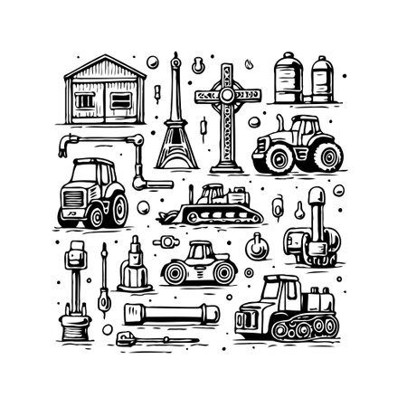This whimsical line art illustration depicts a collection of construction machinery alongside architectural landmarks. The artwork features detailed sketch work showcasing various vehicles andのイラスト素材