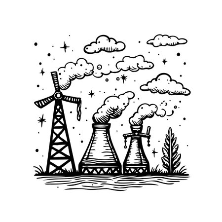 Monochrome vector illustration depicting a contrasting landscape featuring a wind turbine alongside industrial structures emitting smoke. This imagery conveys the juxtaposition of renewable energyのイラスト素材