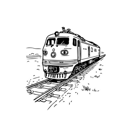 Detailed monochrome illustration of a train on a railway track, embodying classic locomotive design. Captures the essence of railway transport, vintage vehicles, and journey, ideal for representingのイラスト素材