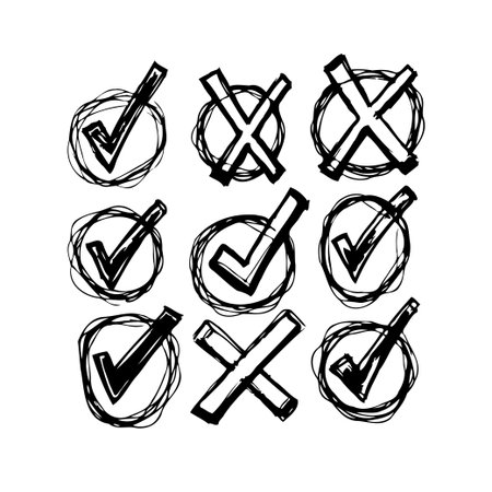 A set of hand drawn check mark and cross symbols, enclosed in abstract circle doodles. These icons are created in a grungy style, perfect for adding a creative, hand written touch to designs needingのイラスト素材