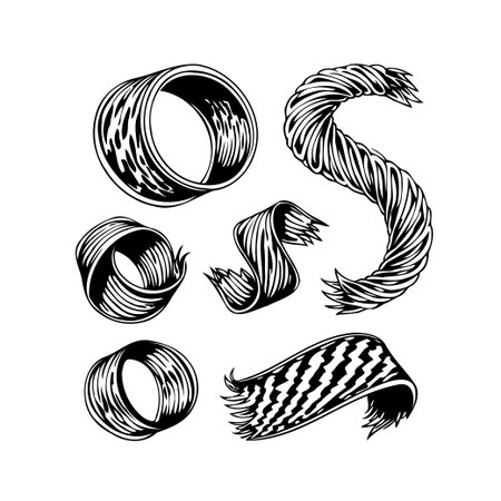 A detailed monochrome drawing features a collection of abstract shapes and forms. The intricate linework creates a sense of depth and movement, evoking a vintage aesthetic. These elements areのイラスト素材