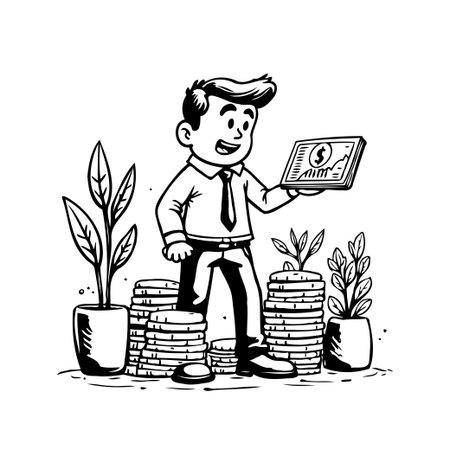A black and white illustration showcasing a young businessman managing finances with stacks of coins, potted plants, and a tablet displaying financial growth, symbolizing investment and futureのイラスト素材