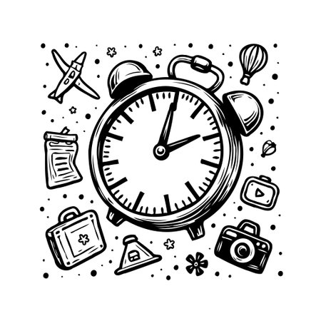 This delightful hand-drawn doodle captures the essence of travel planning and the anticipation of an exciting journey. Featuring a central alarm clock surrounded by iconic travel symbols, it evokesのイラスト素材