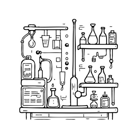 Detailed technical illustration of a scientific laboratory with various glassware equipment and apparatus. It captures the essence of experimental research, highlighting precision and discoveryのイラスト素材