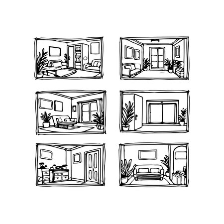 A collection of hand-drawn sketches illustrating different room interiors, including living rooms and studies. Showcases furniture arrangement and decor elements. The artistic rendering conveys anのイラスト素材