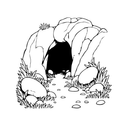 Detailed sketch of a rocky cave entrance. The drawing features a clear outline, with dark shadows creating depth. Rocks, grasses, and small pebbles compose the surrounding area, inviting explorationのイラスト素材