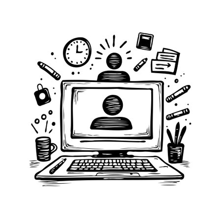 Stylized black and white illustration showcases a remote work environment with a desktop computer at the center, surrounded by symbolic elements representing productivity, communication, and theのイラスト素材