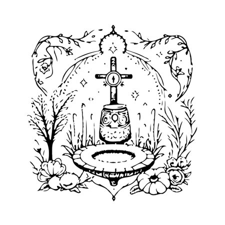 An elaborate illustration featuring a mystical fountain enveloped by a flourishing garden scene. Black ink lines create a detailed and whimsical composition, inviting viewers into a realm ofのイラスト素材