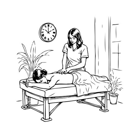 A simple black and white sketch shows a female therapist giving a back massage to a female client on a massage table. The scene evokes a sense of relaxation and wellness. The inclusion of a clock,のイラスト素材