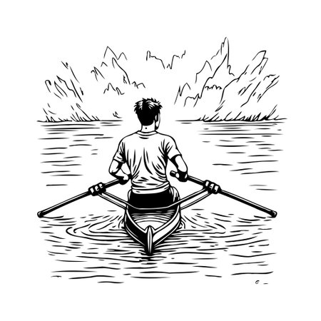 A simple monochrome sketch portrays a man rowing a boat across calm waters, with majestic mountains rising in the background, symbolizing a solitary journey, an adventure, and a connection withのイラスト素材