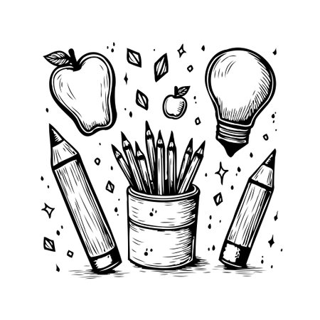 This vector illustration captures the essence of creative learning, showcasing tools and symbols of study and imagination. It's perfect for conveying educational concepts and the importance ofのイラスト素材