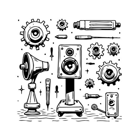 A vintage-inspired illustration featuring a collection of audio equipment such as speakers and a megaphone. Interspersed are mechanical elements like gears and tools, all rendered in a clean,のイラスト素材