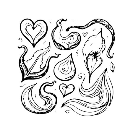 A whimsical hand-drawn illustration features an arrangement of hearts and graceful floral elements. The design combines romantic hearts with flowing, organic shapes, creating a charming andのイラスト素材
