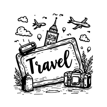 Stylized black and white illustration featuring airplanes in flight, a city's tower silhouette, a vintage suitcase, and a travel sign. This creative artwork evokes a sense of adventure, exploration,のイラスト素材