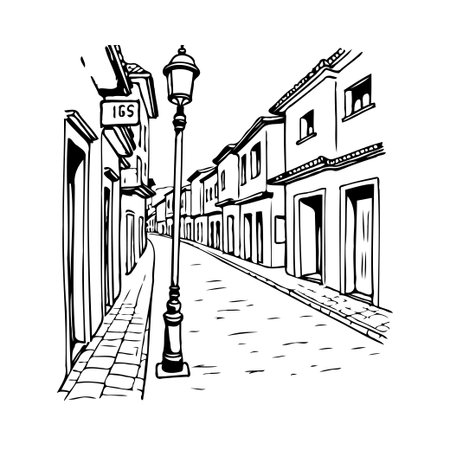 A picturesque black and white drawing showcases an old city street with a vintage lamppost. The sketch captures the architectural details of the buildings and the peaceful essence of theのイラスト素材