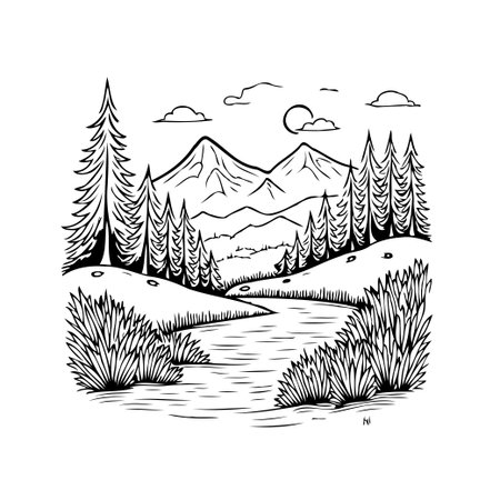 A hand-drawn illustration showcases a pristine mountain landscape with evergreen trees bordering a winding stream. Gentle hills lead to majestic mountain peaks under a soft cloudscape, creating aのイラスト素材