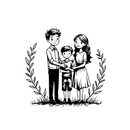 A heartwarming image portrays a family united in love, their forms tenderly embraced by decorative foliage. The illustration captures the essence of familial bonds, showcasing the simple beauty ofのイラスト素材