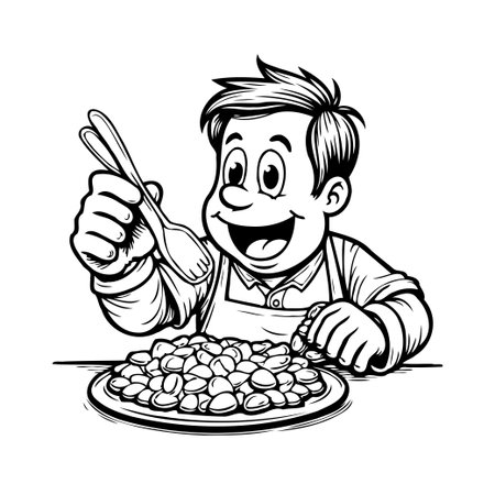 An illustrative depiction of a cheerful young cook, joyfully showcasing a plate filled with beans. The detailed monochrome design captures a whimsical food-related theme with elements like an apronのイラスト素材