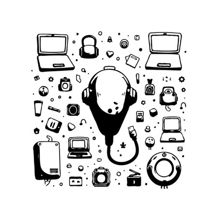 A hand-drawn vector illustration presents a collection of tech accessories and digital devices...