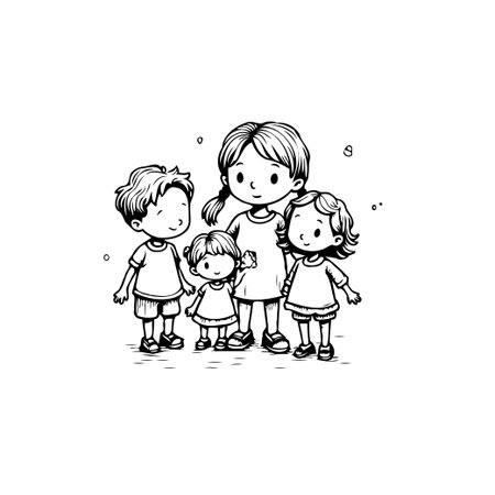 A heartwarming cartoon drawing presents a small gathering of children radiating joy and friendship. The monochrome illustration style highlights the innocence and simplicity of childhood, capturingのイラスト素材