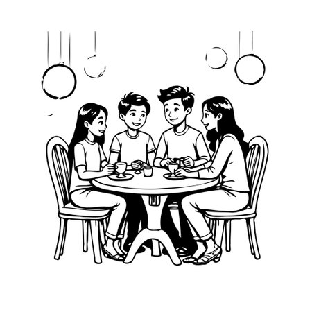 A black and white illustrative depiction shows a group of friends warmly gathered around a table in a cafe setting, sharing drinks and engaging in lively conversation in a monochromatic color,のイラスト素材