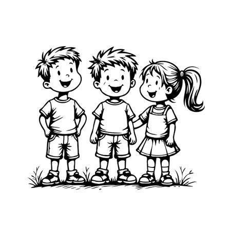 This monochrome vector illustration shows three happy children standing together creating a cheerful scene. The image conveys friendship, childhood innocence, and positive energy. It is ideal forのイラスト素材