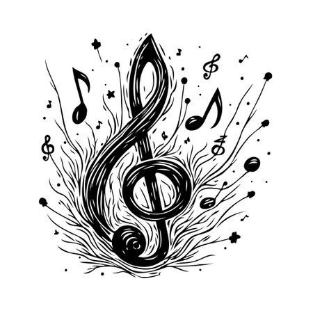 A stylized black and white illustration showcases a prominent treble clef intertwined with flowing musical notes and whimsical abstract elements. The artwork evokes a sense of movement, rhythm, andのイラスト素材