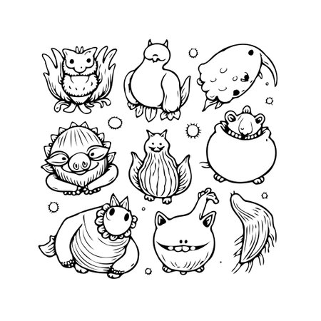 A delightful collection of whimsical creatures in black and white, meticulously drawn and perfect for unleashing your creative imagination. This unique set showcases fantasy designs, adding a touchのイラスト素材
