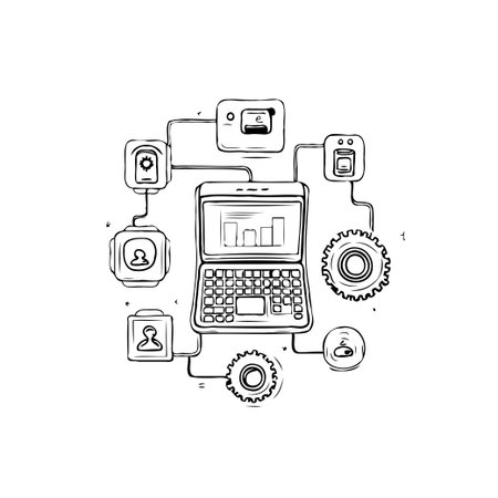 This image depicts a digital network with interconnected devices flowing into a laptop, symbolizing global communication. Illustrates the interrelation of technology, data transfer, andのイラスト素材