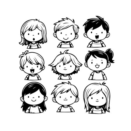 This image showcases a collection of cute cartoon children, each with distinct hairstyles and expressions. The black and white drawing emphasizes the diversity and joy of childhood, perfect forのイラスト素材