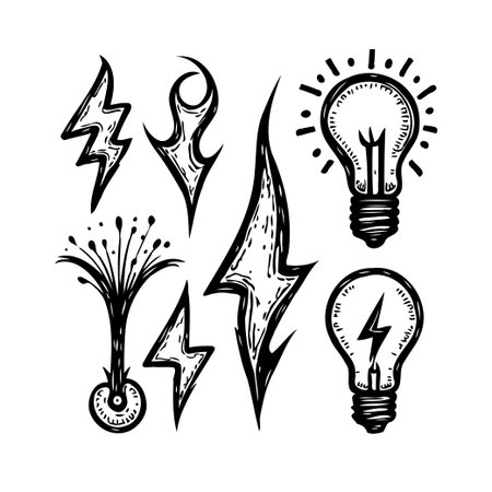 A monochrome composition showcasing conceptual energy emblems featuring lightning bolts and light bulbs, creating visual metaphors for power, ideas, and innovation. The abstract patterns andのイラスト素材