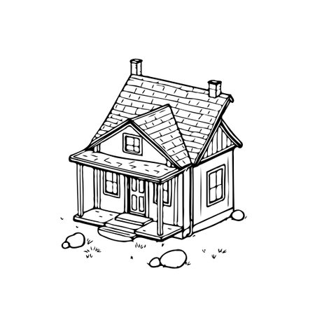The monochromatic house is meticulously crafted with clear and simple outlines showing an architectural design. This image illustrates a charming dwelling that combines neat lines with the serenityのイラスト素材