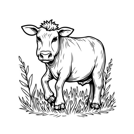 A detailed, monochrome illustration features a calf standing calmly amidst grass and botanical elements. The artwork evokes a sense of rural tranquility and connection to nature, displaying a sereneのイラスト素材