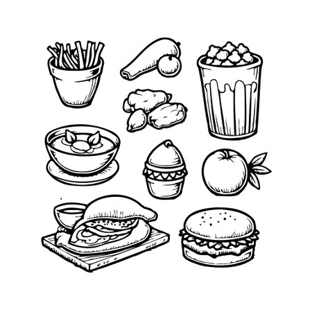 Black and white hand-drawn illustration showcasing various food items, including fries, carrot, nuggets, beverages, soup, cupcake, apple, sandwich, and burger. This culinary-themed drawing style isのイラスト素材