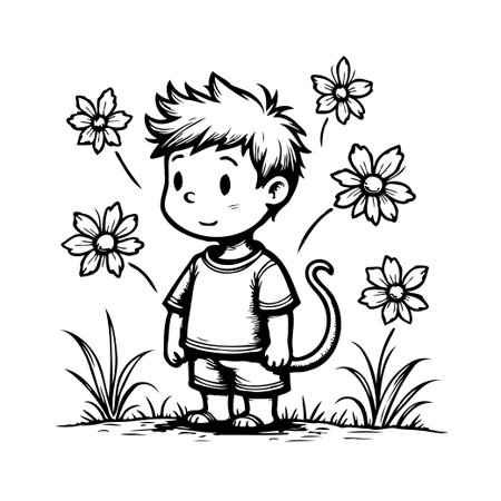 A delightful monochrome illustration of a child adorned with a charming monkey tail, set amidst a cheerful floral meadow. The design evokes a sense of playful innocence and springtime adventure,のイラスト素材