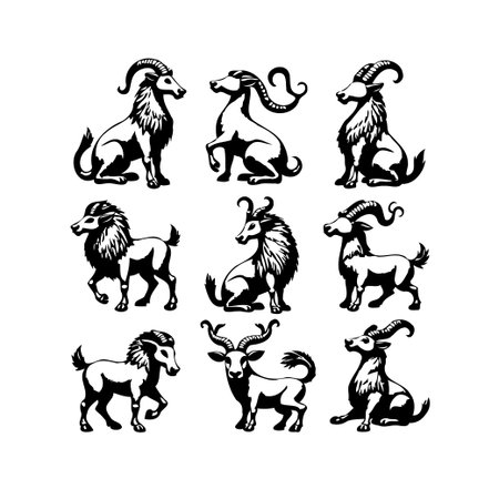 A black and white compilation of goat illustrations in different poses. This vector graphic showcases various horned creatures, blending artistic style with symbolic representation. The design isのイラスト素材