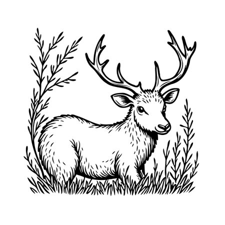 Elegant illustration of a deer peacefully standing in a field of tall grass. The artwork, rendered in black and white, highlights the intricate details of the deer's antlers and the surroundingのイラスト素材