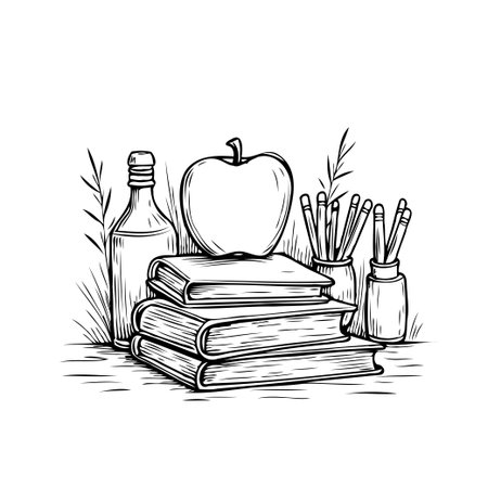 A monochrome hand-drawn illustration showcases a composition of educational items including a stack of books, an apple, a bottle, and pencils, evoking a sense of study, learning, and academicのイラスト素材