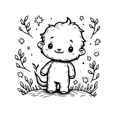 Delightful monochrome illustration showcasing a cute stylized creature surrounded by stylized stars, leaves and grass. This endearing artwork is perfect for children's books, joyful prints, orのイラスト素材