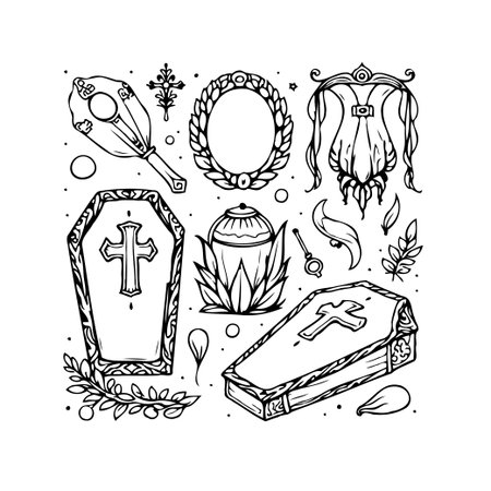 An intricate hand-drawn vector illustration featuring various gothic-inspired coffin and symbolic elements. Ideal for adding an eerie, vintage, or occult touch to any creative design, tattooのイラスト素材