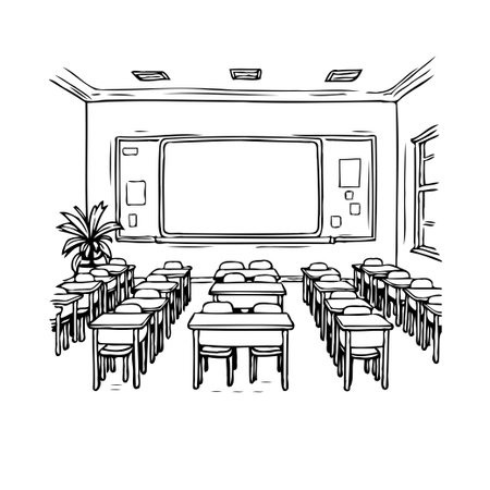 A black and white illustration depicts a classroom with neatly arranged desks and a chalkboard. The room is empty, creating a sense of quiet anticipation. A potted plant adds a touch of life to theのイラスト素材