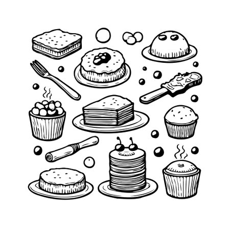 A charming hand drawn illustration presents a delightful assortment of cakes and sweets, capturing the essence of bakery treats and culinary artistry. Perfect for projects seeking a touch ofのイラスト素材