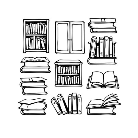 An artistic collection of handcrafted bookcase and book illustrations captures the beauty of reading culture and educational resources. Showcasing a variety of book arrangements, storage designs,のイラスト素材