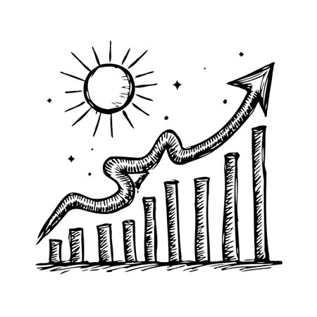 A hand-drawn illustration shows an upward-trending graph with an arrow pointing upwards, symbolizing growth and success. A radiant sun enhances the image, adding a sense of optimism and futureのイラスト素材