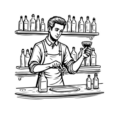 A skilled bartender meticulously prepares a cocktail, focusing on the intricate details and presentation. With a collection of bottles lining the shelves behind him, he adds garnish with precision,のイラスト素材