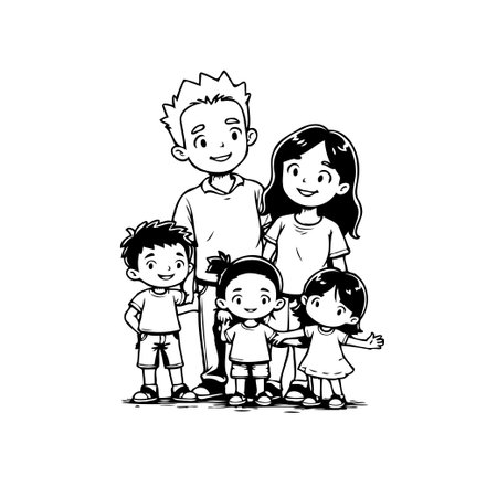A beautiful monochrome illustration portraying a happy family comprised of parents and their three children. The artistic drawing showcases the strong bond and love shared among family members. Theのイラスト素材