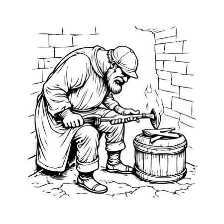 An illustration depicts a blacksmith in a time gone by, industriously forging metal in a humble workshop, utilizing fire and tools to shape the molten material. A testament to the skilled labor andのイラスト素材