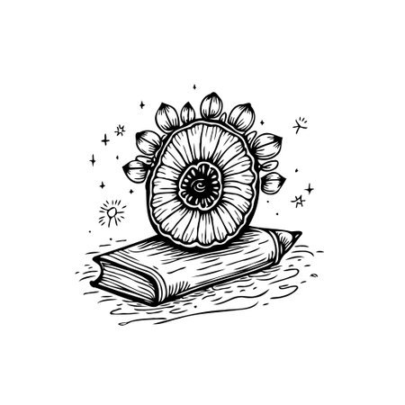 This artwork presents an abstract composition featuring an eye-like floral element resting upon a book, rendered in detailed lineart. The design evokes themes of knowledge, learning, andのイラスト素材